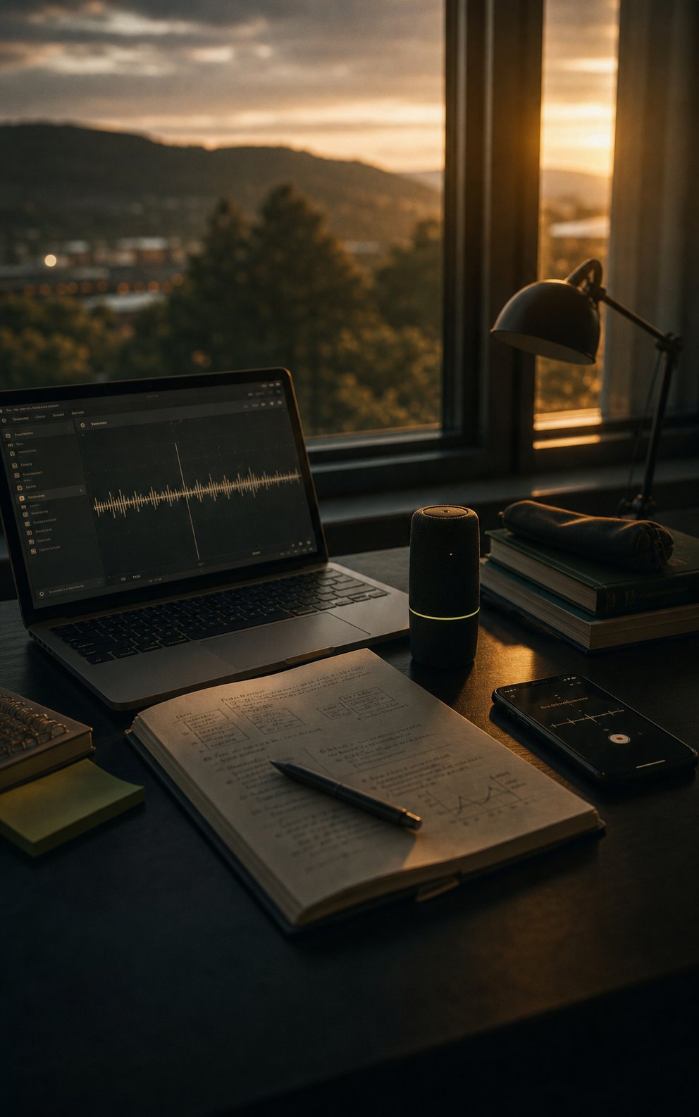 A study desk at dusk